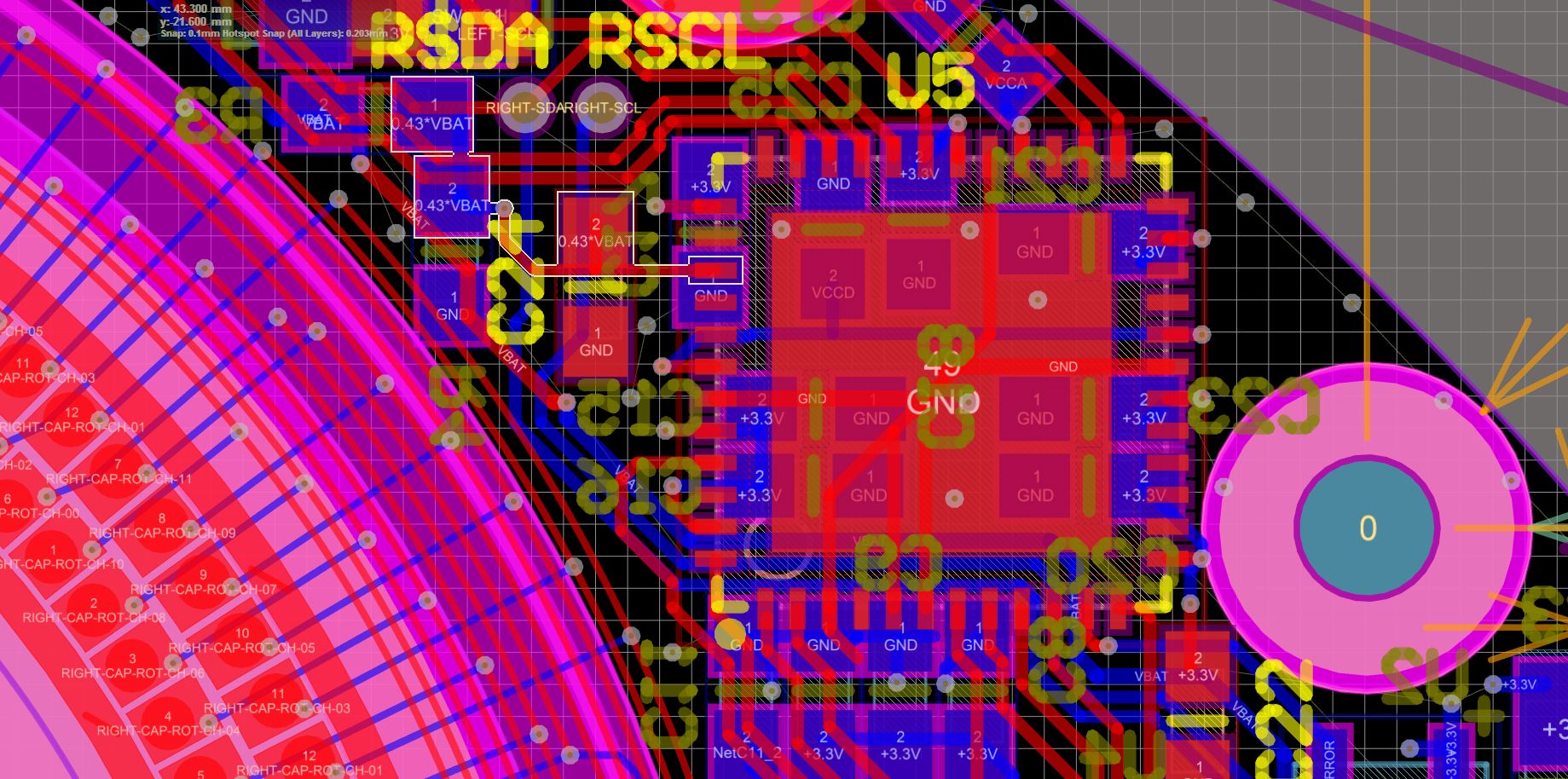 An example of the PCB view in Altium when using transparent layers.