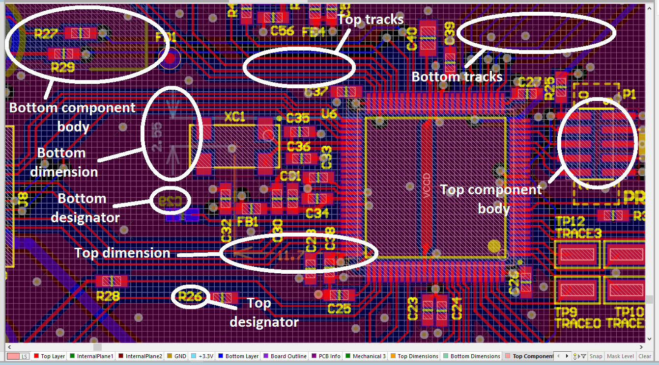 An example showing the use of 'hot' and 'cold' PCB layer colours in Altium to help distinguish between top and bottom associated objects.