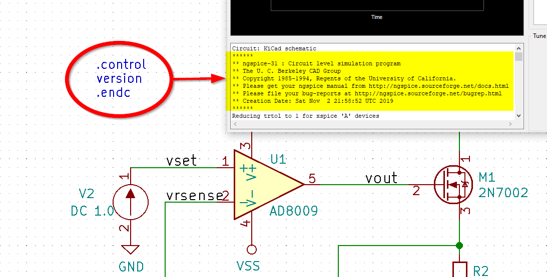 Adding the shown text anywhere on the KiCAD schematic will trigger ngspice to print out version/build information when you run the simulation.