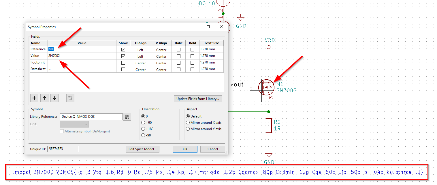 Screenshot showing the crucial setup required to simulate discrete MOSFETs in KiCAD with ngspice.