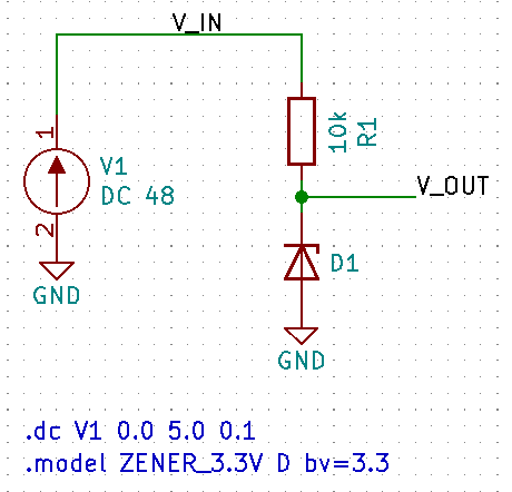 A KiCAD simulation schematic with a text box defining a DC sweep analysis, sweeping V1 from 0V to 5V in increments of 0.1V.