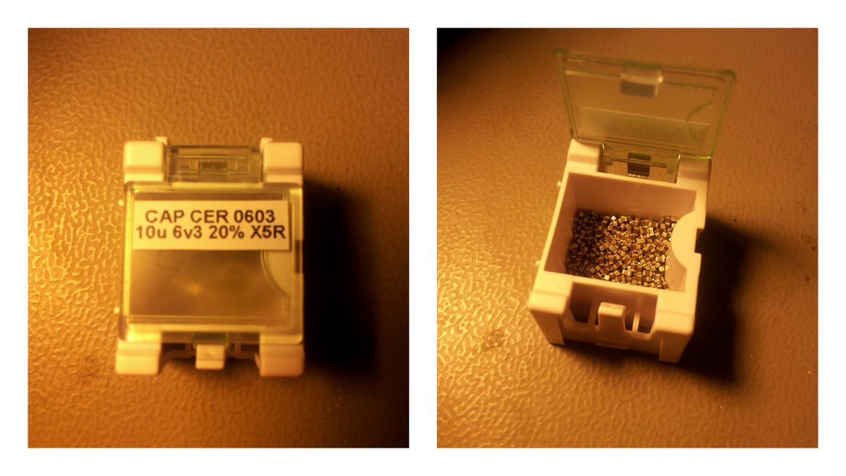 A container from DealExtreme used for holding SMD components (capacitors in this picture)