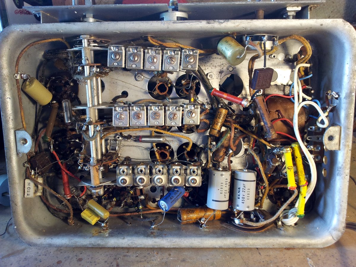 The original electronics of the Columbus radio, housed in the underside of the metal case which sat in the radio cabinet.