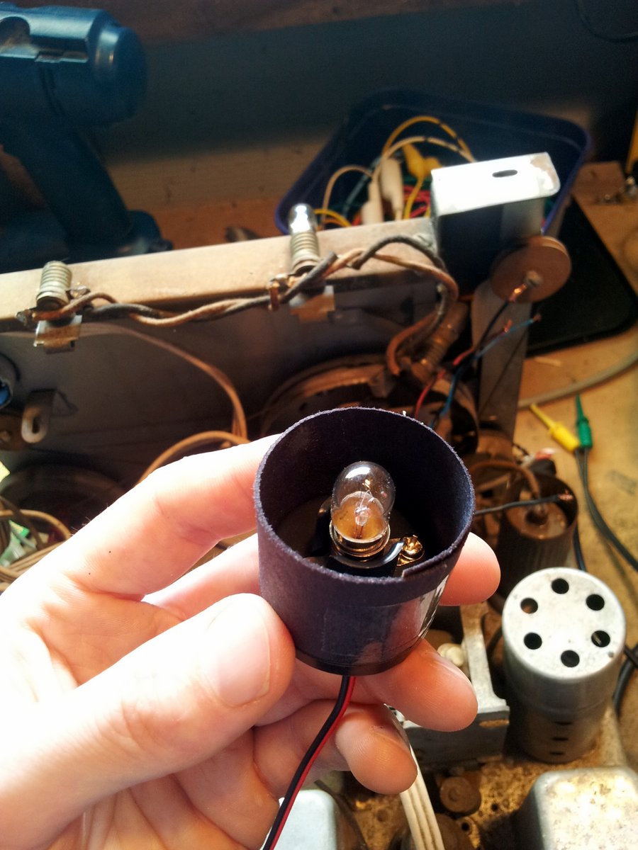Making up a mount for a 12V, 100mA bulb to replace the valve-based indicator.