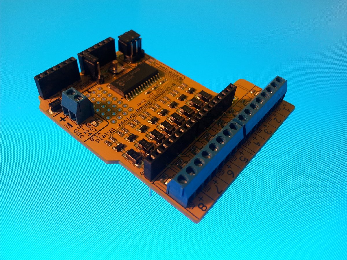 The Freetronics 8-channel relay driver shield for the Arduino.