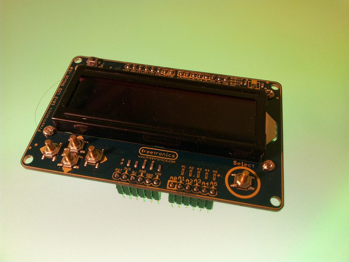 The Freetronics LCD shield for the Arduino. This was used to display running information to the user.