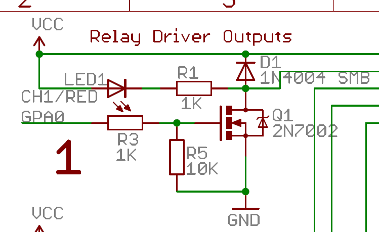 Part of the schematics for the Freetronics 8-channel relay driver shield showing one channel.