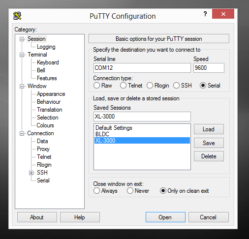 The PuTTY configuration settings for communicating to the syringe pump.