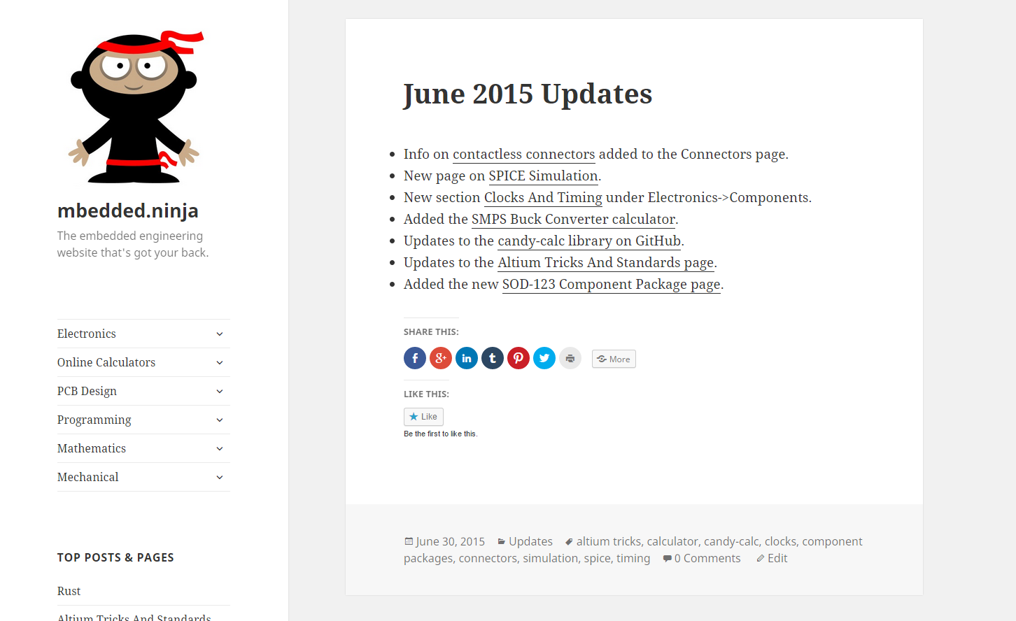 A screenshot of mbedded-ninja's home page with the new twentyfifteen theme.