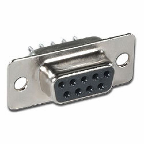 One of the most commonly used D-sub connectors of this era, the 9-pin female PCB-mount DE-9 connector.