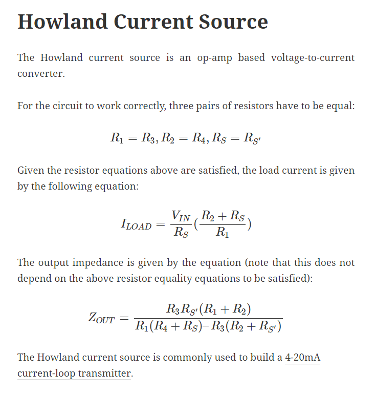 A screenshot of the Howland current-source info on the Voltage-to-Current Converters page.