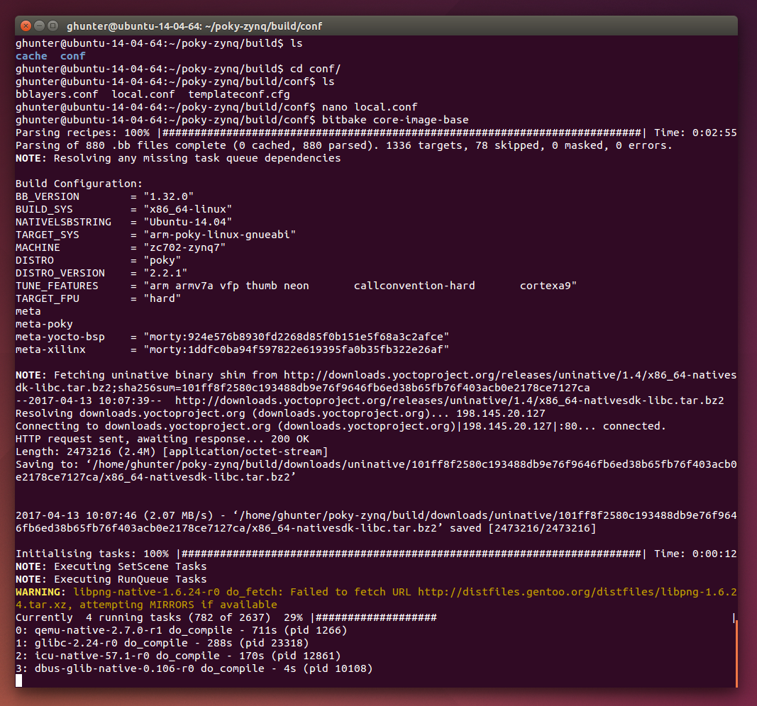 Screenshot while building embedded Linux for the ZC702 Eval Kit board using Yocto.