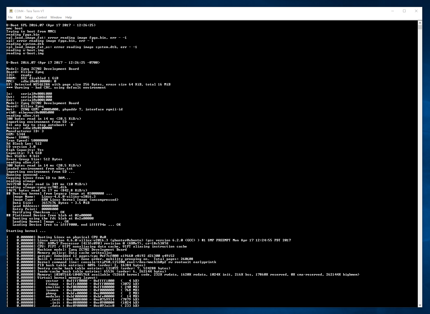 The terminal output during the start of a Linux boot built using Yocty, and running on the Xilinx ZC702 dev. board.