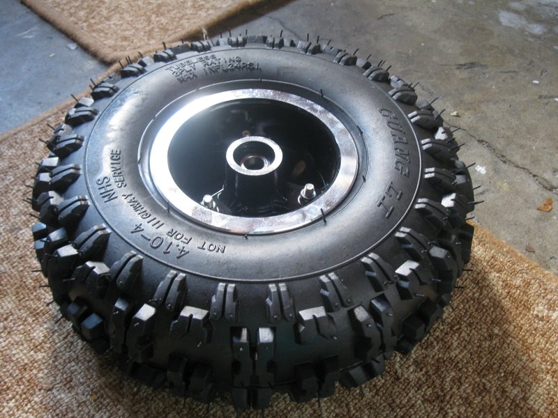 One of the four pneumatic wheels used on the electric skateboard.