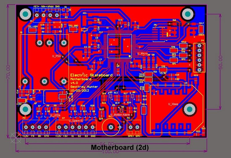 2D PCB design of the mother-board, showing the top and bottom tracks.