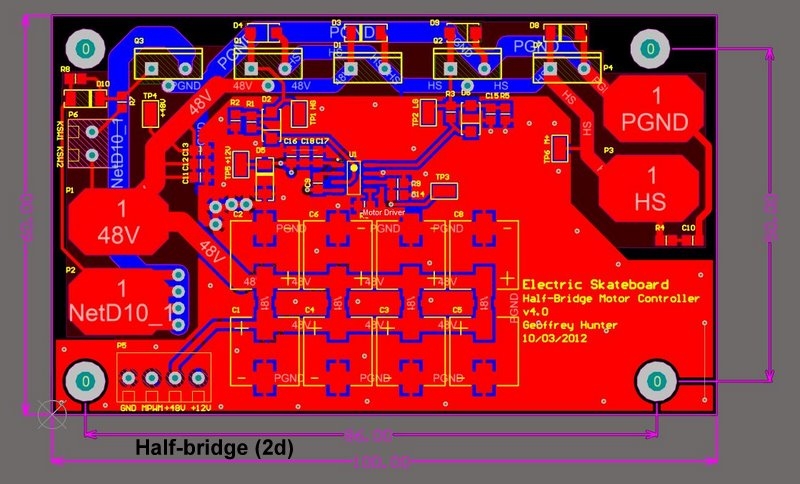 2D PCB design of the half-bridge, showing the top and bottom tracks.