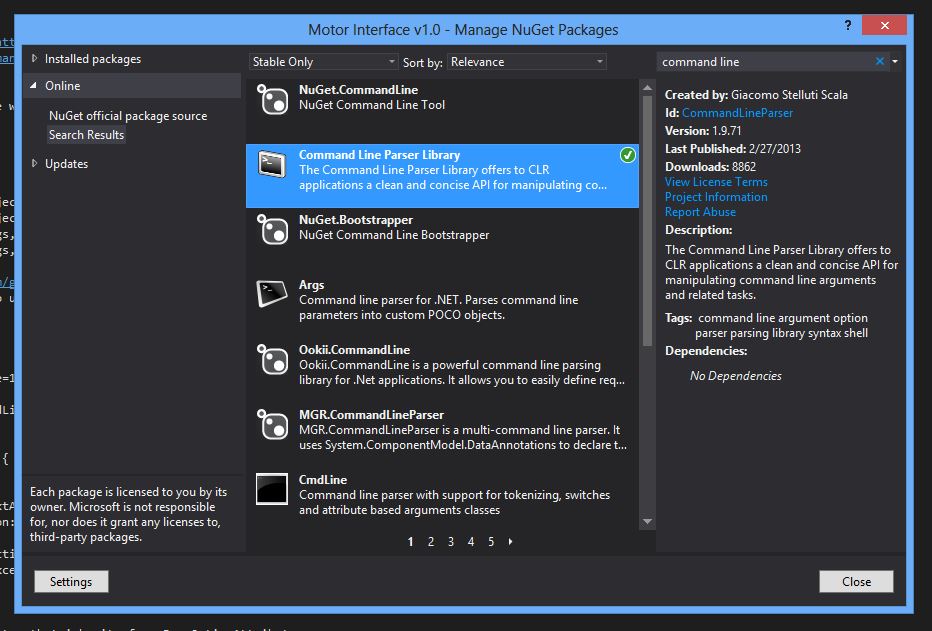 A screenshot of the NuGet plugin for Visual Studio.