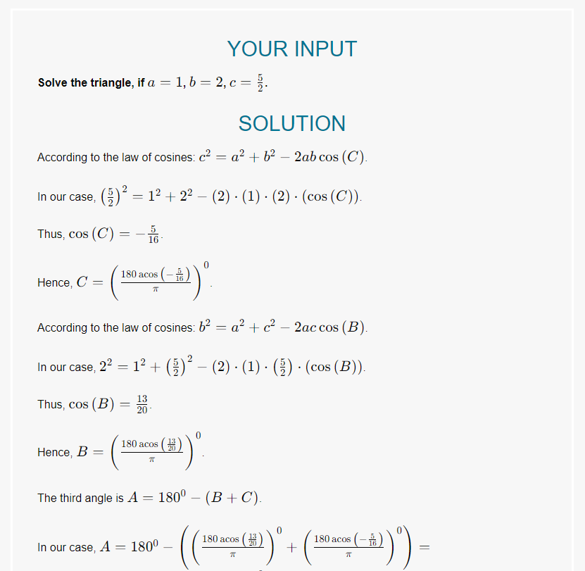 Screenshot of the [Law of Cosines calculator from eMathHelp](https://www.emathhelp.net/en/calculators/geometry/law-of-cosines-calculator/) that shows the step-by-step working to the solution[^emathhelp-law-of-cosines-calc].