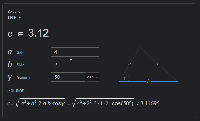 Screenshot of the Law of Cosines calculator Google provides when you search "law of cosines"[^google-law-of-cosines-calc].