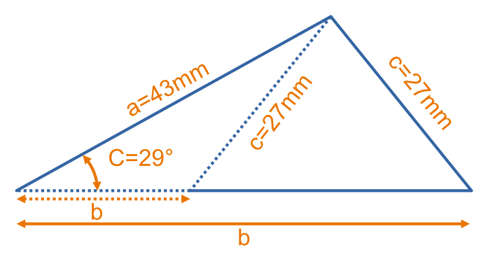 Diagram for the worked example for the Law of Cosines that has multiple solutions.