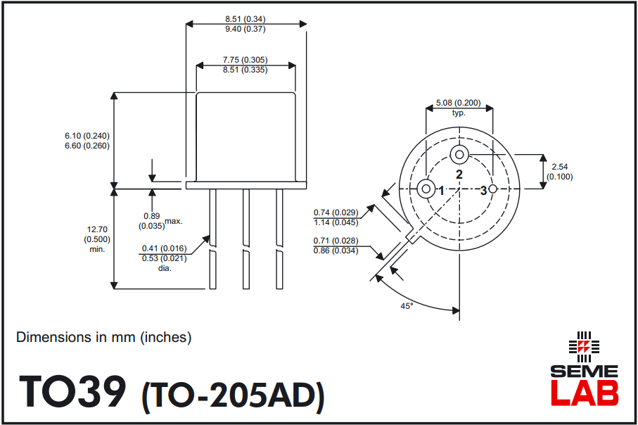 Dimensions for the TO-39-3 component package.