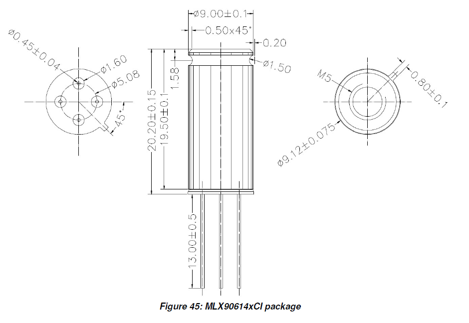 Package dimensions for the MLX90614XCI infrared thermometer. Image from melexis.com.