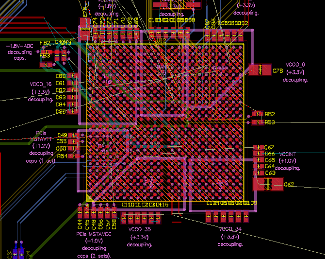 If your not allowed to place components on the bottom-side of the PCB, placing decoupling caps around the perimeter of a large BGA packaged FPGA is the best you can do.