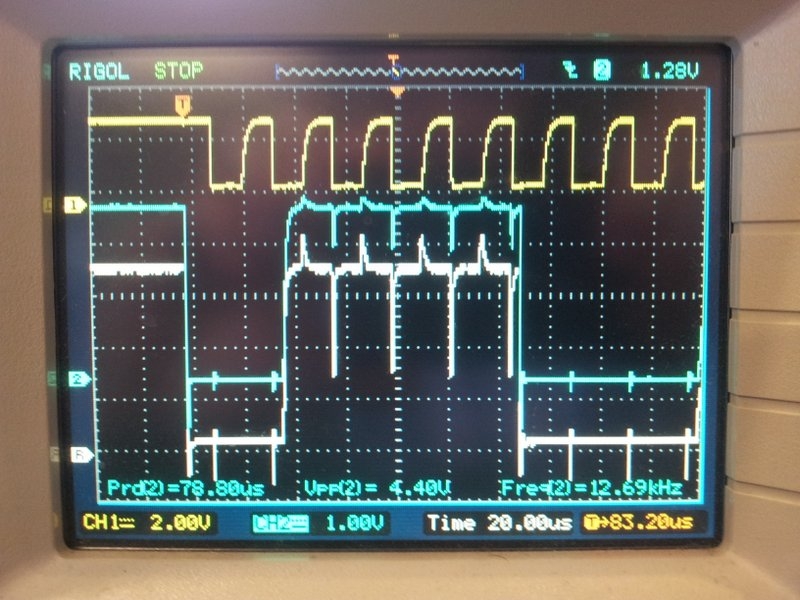 The difference grounding the other wire in a pair makes when transmitting I2C over twisted pair cables. The yellow trace is SCK (for reference), the white trace is SDA with the second wire floating, and the blue trace is SDA when the second wire is either grounded or connected to VCC. Notice a great reduction in cross-coupling on the blue trace. This was over a 20m ethernet cable.