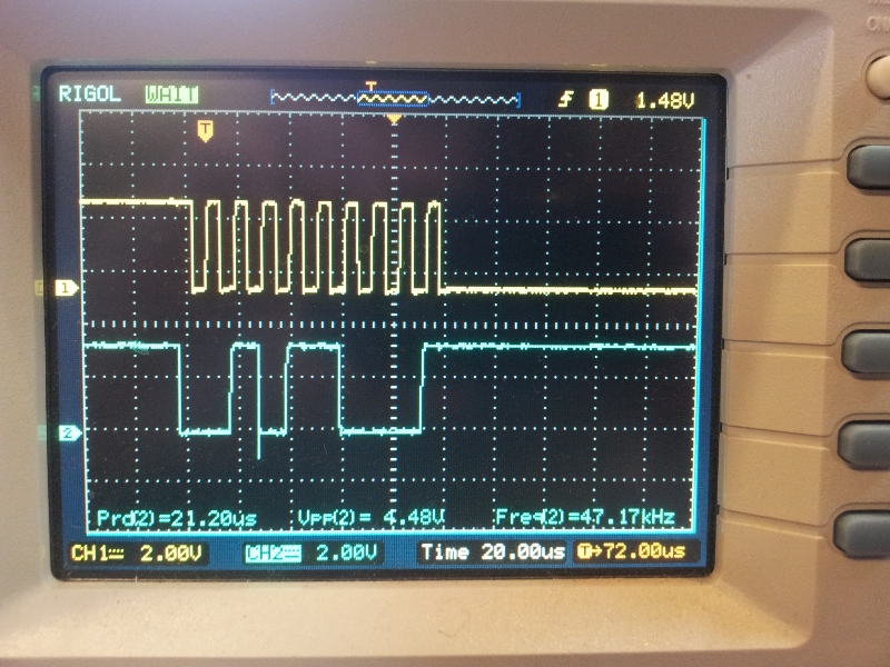 A typical I2C waveform. The top waveform is the clock (SCK), and the bottom waveform is the data (SDA). This shows a master trying to communicate with the slave, but the slave does not acknowledge (the ninth bit is high).