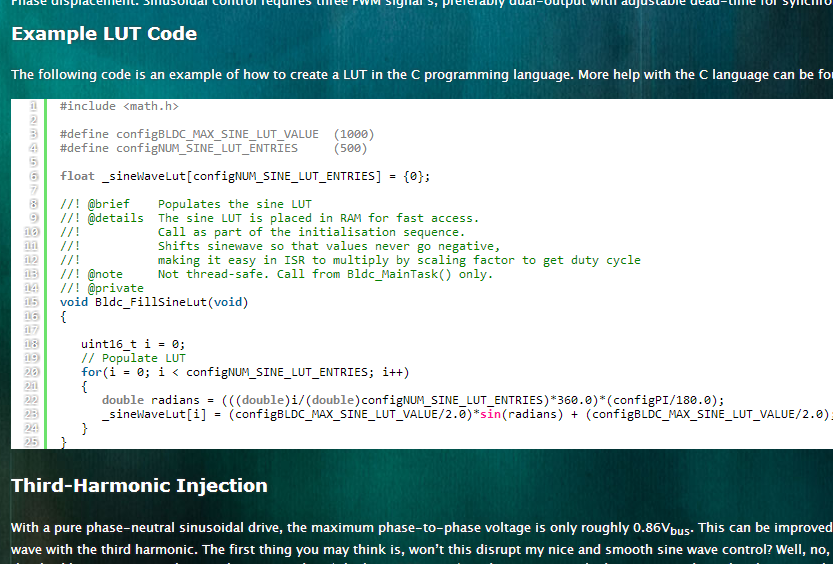 Screenshot of the LUT code on the BLDC page.