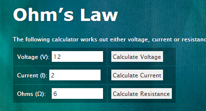 A screen-shot of the Ohm's law calculator on the Resistors page.
