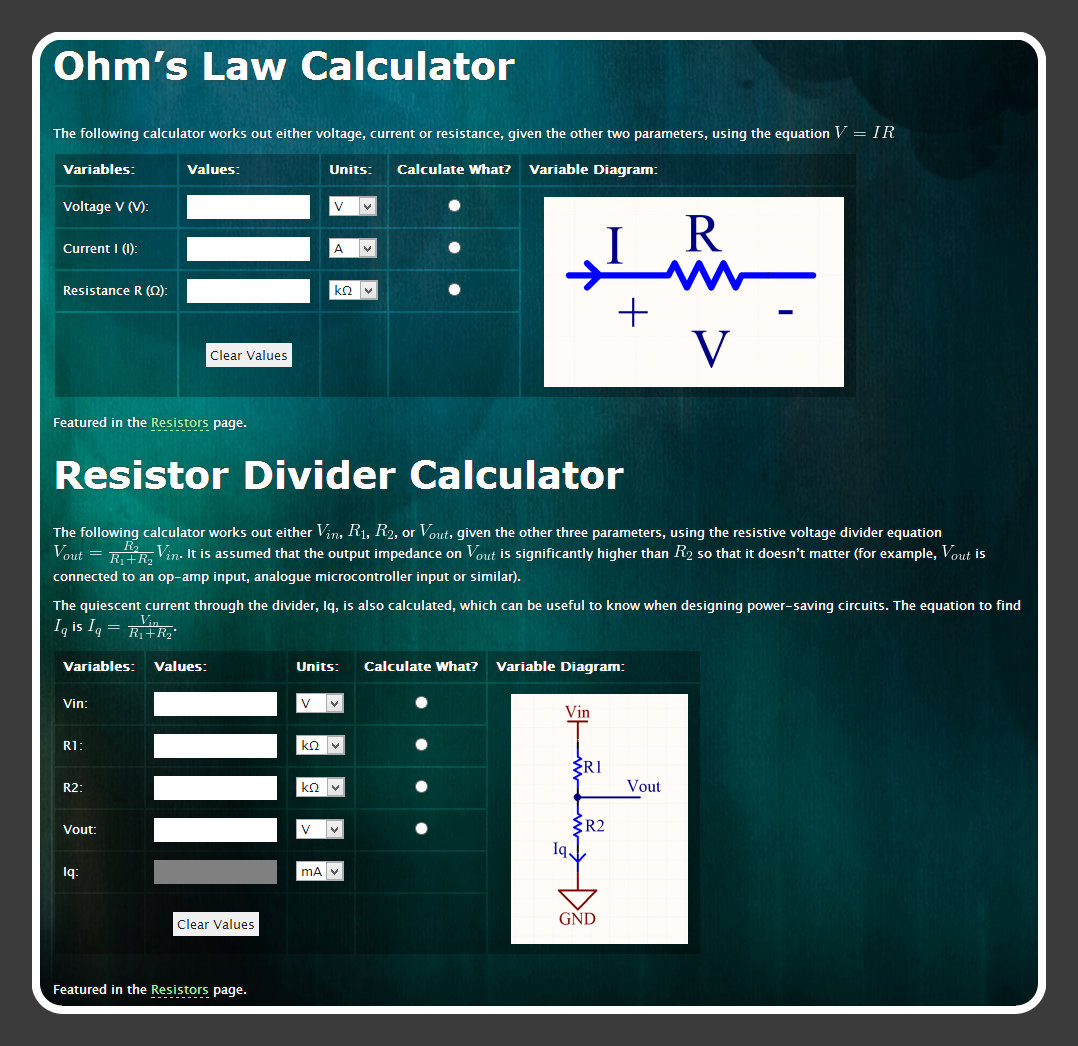 Screenshot of the Ohm's law and resistor divider online calculators.