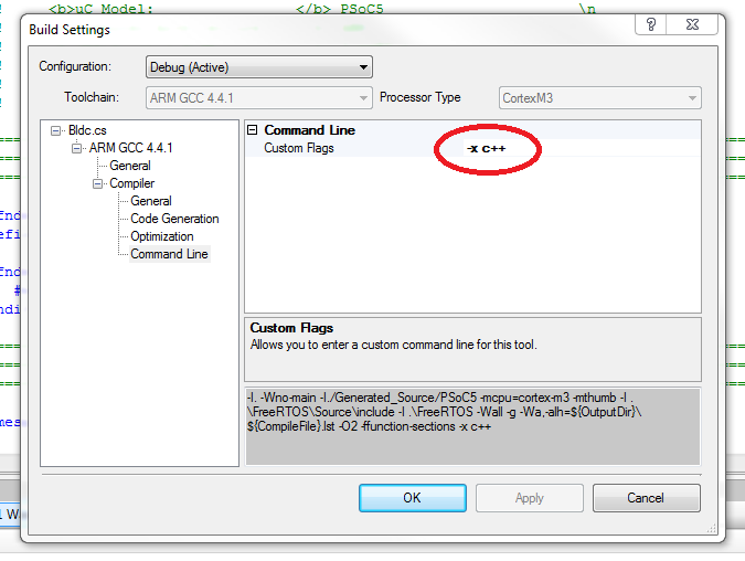Adding custom command line flags in PSoC Creator to force GCC to use the C++ compiler.