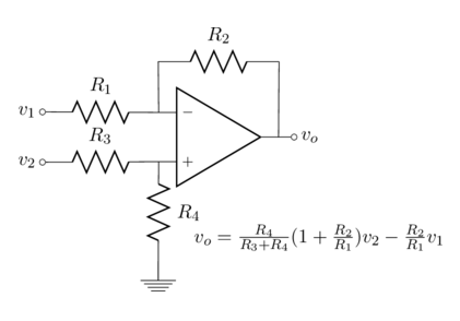 An op-amp circuit drawn with Circuitikz/Latex.