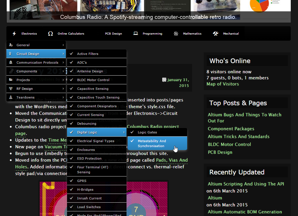 Screenshot of the large 'mega menu' structure on mbedded.ninja.