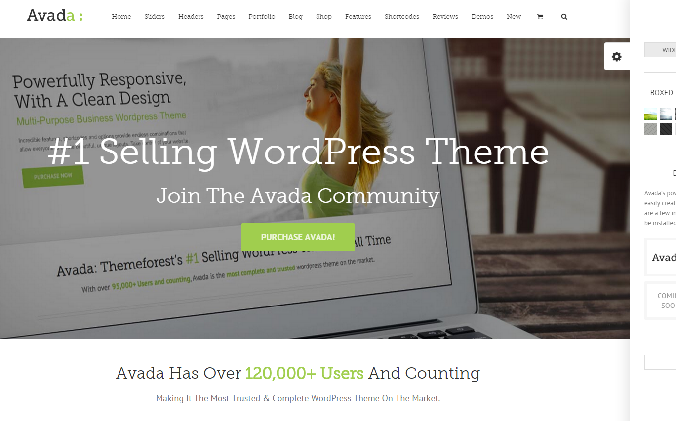 A screenshot of the Avada Wordpress theme homepage as of 2015-04-03. Image from http://theme-fusion.com/avada/.