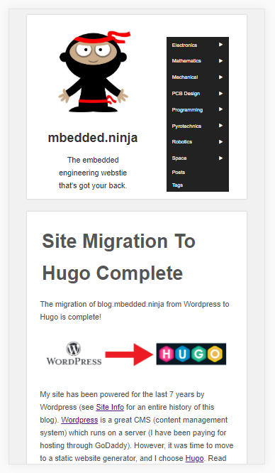 What blog.mbedded.ninja looked like after I made it mobile compatible (using a Galaxy S5 viewport).
