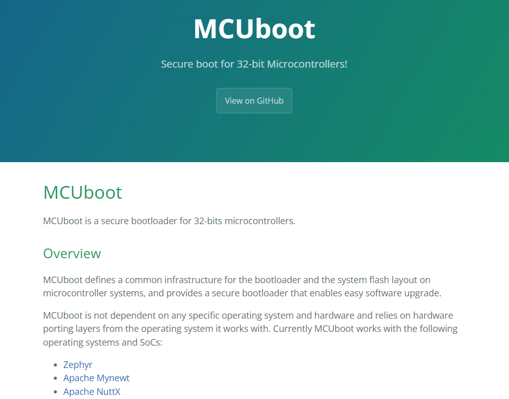 A screenshot of MCUboot's homepage as of Jan 2024.