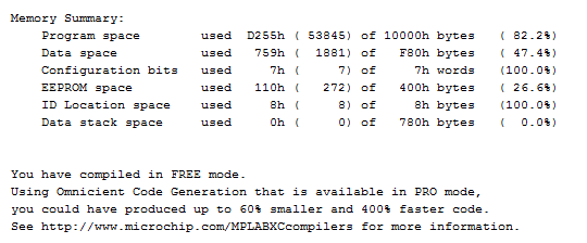 Build status output from the free version of the MPLAB XC compiler.