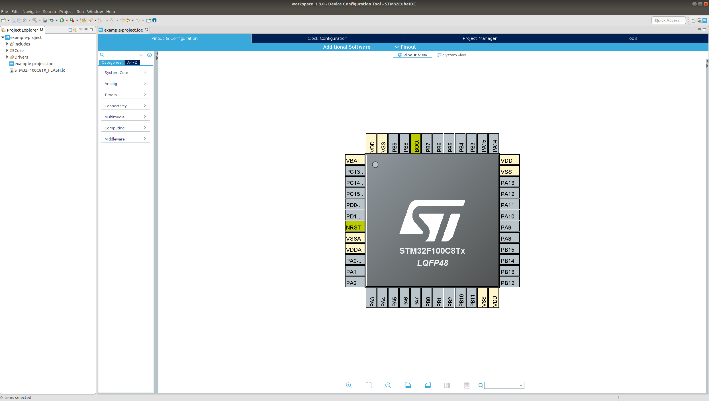 A screenshot of the 'Pinout & Configuration' view of the .ioc file in STM32CubeIDE.