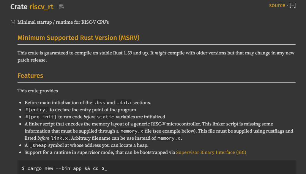 Screenshot of the docs for the riscv_rt (RISC-V runtime) crate.
