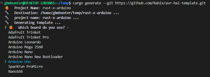 cargo generate with the Rahix/avr-hal-template GitHub repo provides a really quick way of setting up a Rust project for an Arduino board.