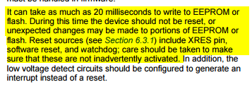 A screenshot taken from the PSoC 5 LP datasheet, stating care must be taken when using the watchdog in an application that also performs EEPROM or flash writes.