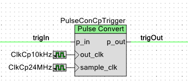 The PSoC Pulse Converter component, being used here to output constant-width pulses.