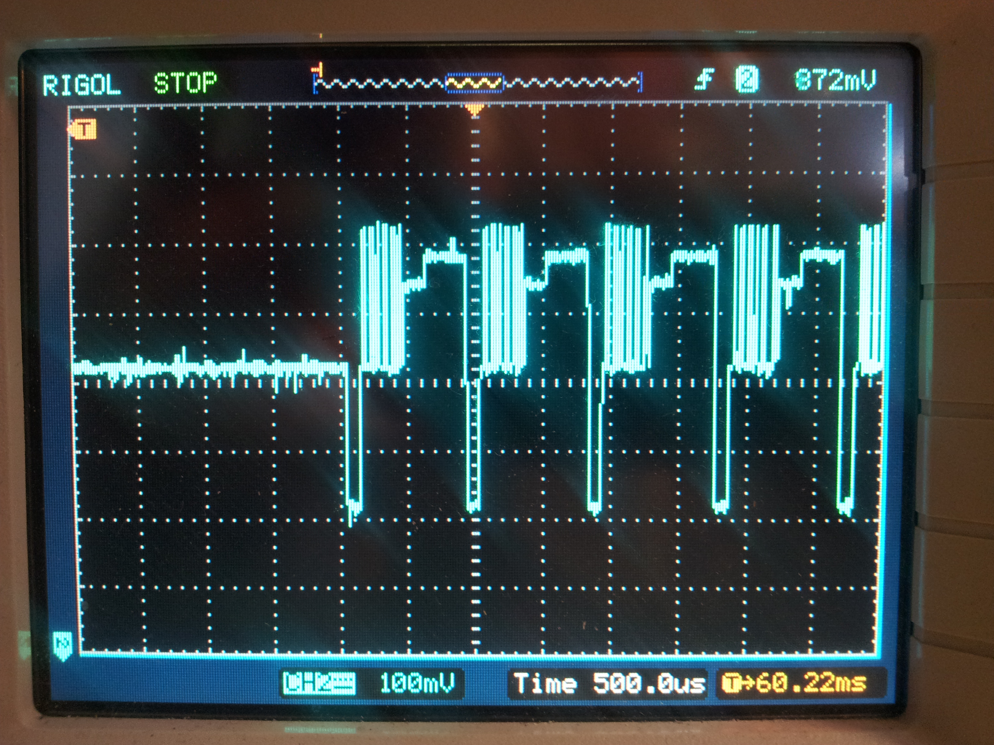 The oscilloscope on the PSoC VDAC component output allows you to inspect code execution. Each different voltage level corresponds to a different section of code. This was taken while running a complex FreeRTOS-based program.