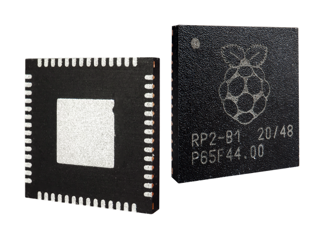 Photo of the RP2040 IC in it's 56-pin 7x7mm QFN package[^bib-rpi-rp2040-product-page].