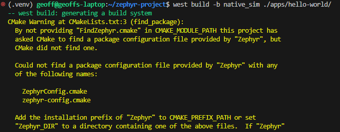 Screenshot of the error "By not providing "FindZephyr.cmake" in CMAKE_MODULE_PATH ...".